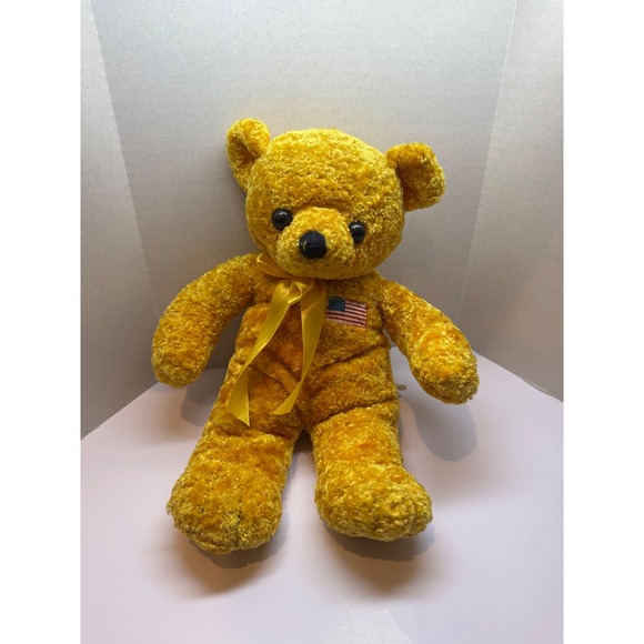 Collectible Yellow Teddy Bear Plush American Flag Ribbon Stuffed Animal Toy - Picture 1 of 5